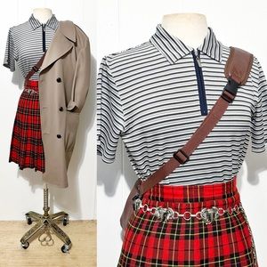 90s Black & White Striped Zipper Neckline Short Sleeve Top | Vintage